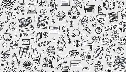 Business job icon doodle seamless pattern background. Business teamwork, office, career concept doodle line sketch style pattern with money, rocket, calculator element. perfect any project.