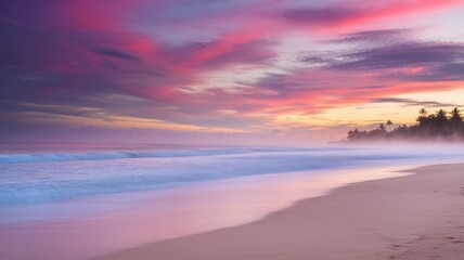 Fototapeta premium A serene beach scene at sunset, featuring soft waves and a colorful sky with pink and purple hues reflecting on the smooth sand.