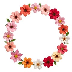 A round frame of spring flowers on a white background
