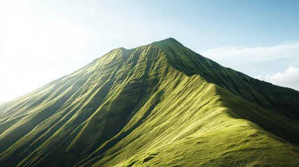 A towering green mountain, its side adorned with a dramatically steep incline, under the bright midday sun