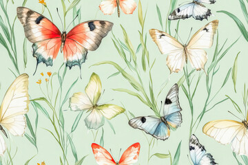 Seamless pattern of natural design with bright butterflies .