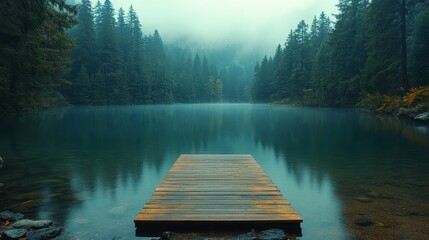 Serene mountain lake dock, misty forest, calm water, peaceful nature, perfect for travel brochures