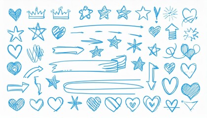 Line text highlight, blue hand drawn pen brush marker vector. Line text underline, emphasis, star, arrow mark element. Hand drawn stroke, crown, love heart, pencil swoosh shape. perfect any project.