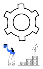 Gear icon, bar chart with upward arrows, and a woman with a calculator. Ideal for business strategy, financial growth, process improvement, productivity planning, innovation, investment abstract