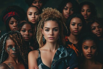 Fototapeta premium Black and white image of a woman in foreground standing amidst a group of diverse young women, all looking at camera