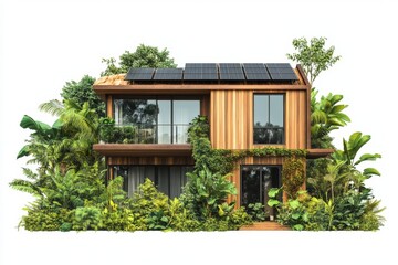 Eco-friendly solar house, lush tropical setting, architectural rendering, sustainable housing
