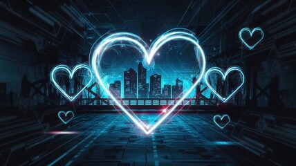 A futuristic digital city scene with glowing blue hearts set against a backdrop of skyscrapers, evoking feelings of love and technology.