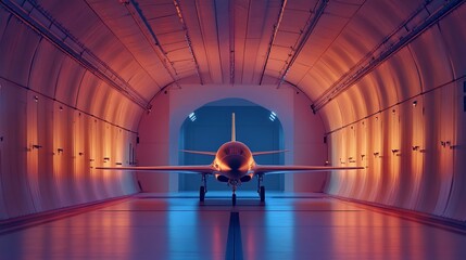 Jet aircraft inside a futuristic wind tunnel, illuminated with warm and cool lighting.