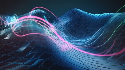 Abstract digital waves illuminated in vibrant blue and pink hues, creating a futuristic and dynamic atmosphere.