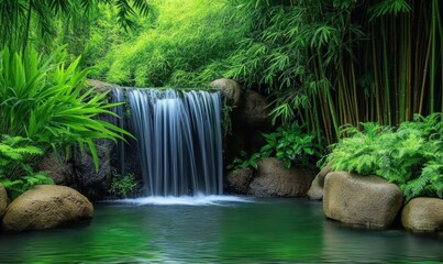 Serene waterfall in lush bamboo garden, tranquil scene, nature background, relaxation