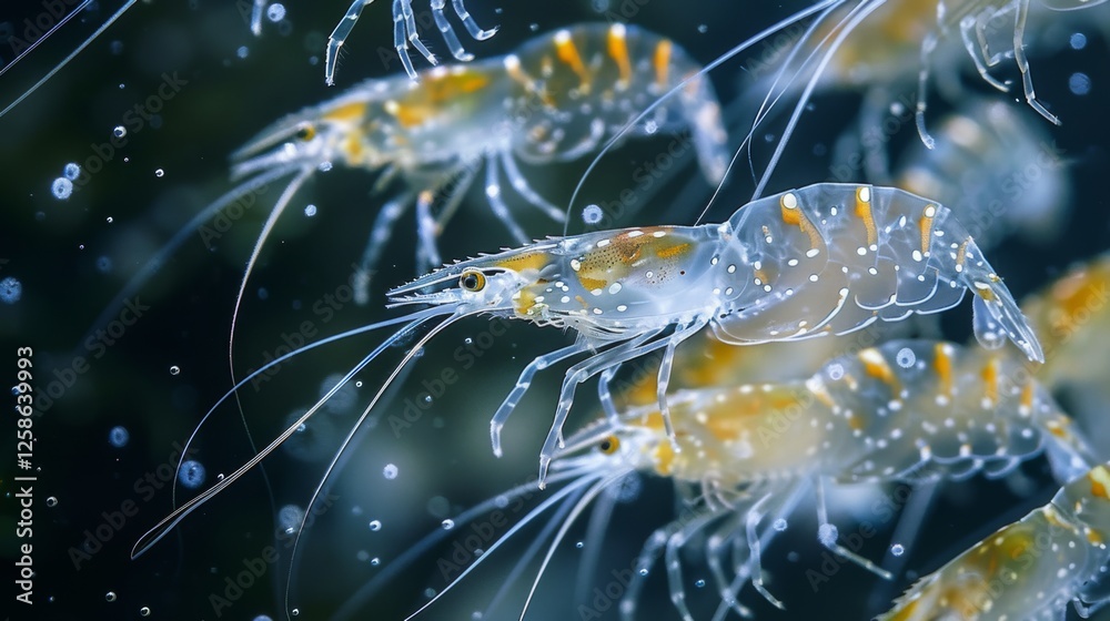 Poster multiple shrimp are seen moving fluidly through the water, their translucent bodies and vibrant patt