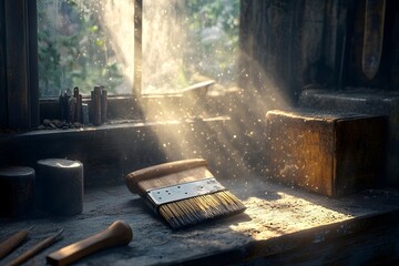 Vintage brushes and ancient books under the sunshine