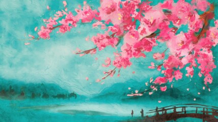 A serene landscape featuring vibrant pink cherry blossoms against a tranquil teal background, evoking a sense of peace and renewal.