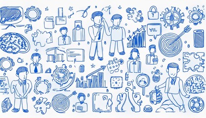 Doodle business team icon set. Doodle teamwork people community, office man group work concept. Target, gear, puzzle element. Hand drawn sketch style blue pen. perfect any project.