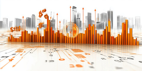 Dynamic financial graph with city skyline, showcasing market trends and currency symbols. This vibrant image represents economic growth and trading activity