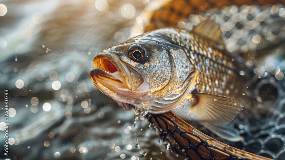 Aufkleber a freshwater fish is being gently removed from a net on a bright day. the water sparkles around the 