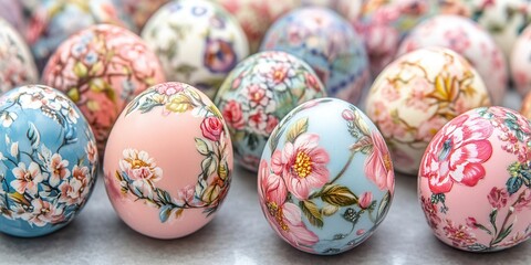 Fototapeta premium A close-up view of vibrantly painted eggs arranged on a table, showcasing intricate designs and colors, perfect for festive occasions.