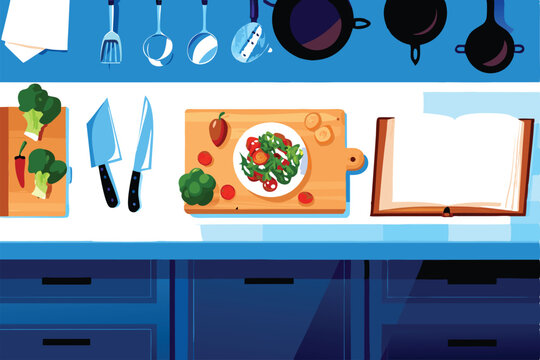 Create a vibrant vector illustration of a chef amidst a colorful array of culinary ingredients, suitable for a food blog or restaurant menu background.