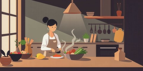 Fototapeta premium A woman is cooking in a kitchen with a bowl of food on the counter. The kitchen is well-lit and has a warm, inviting atmosphere