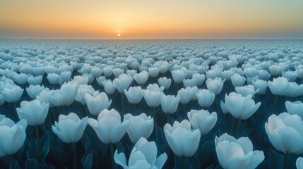 Fototapeta premium Sunrise over vast white tulip field, Netherlands, spring