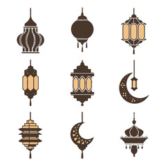 Ramadan Kareem background with hanging lamps and stars Eid Al Adha mubarak poster. Hanging colorful lantern Vintage Lamp Hand Drawing Set