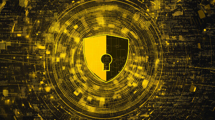 Cybersecurity lock and information or network protection refer to the practices, technologies in yellow  color  with lights 
