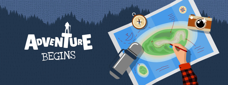 Dynamic illustration of hiker studying map against mountain backdrop. Bold typography and modern design symbolizing adventure, navigation and thrill of outdoor exploration. Horizontal banner