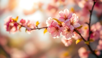 Blooming cherry branch on a blurred background of spring landscape.	