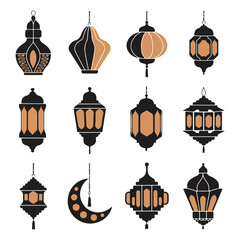 Ramadan Kareem background with hanging lamps and stars Eid Al Adha mubarak poster. Hanging colorful lantern Vintage Lamp Hand Drawing Set
