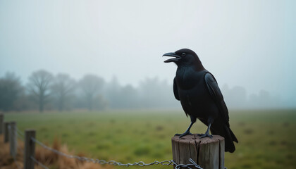 Majestic crow perched on wooden post in foggy field, nature symbolism