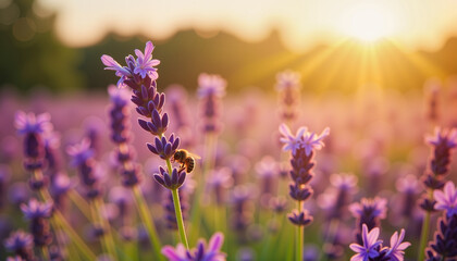 Fototapeta premium Bee pollinating lavender flowers at sunset, nature's harmony