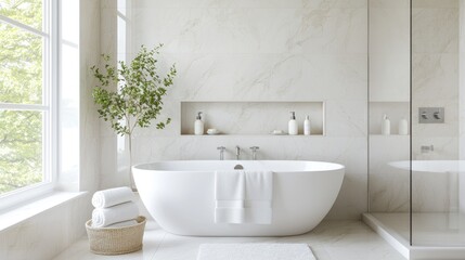 Fototapeta premium Modern bathroom design, freestanding tub, marble walls, natural light
