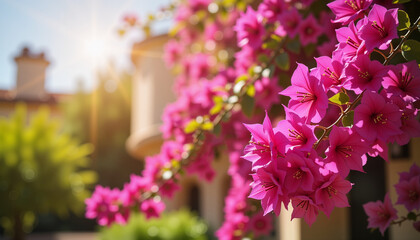 Obraz premium Vibrant pink bougainvillea flowers blooming in sunny garden, beauty