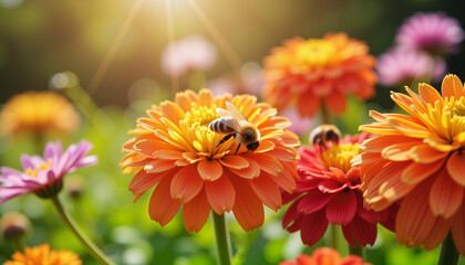 Bee gathering nectar from vibrant flowers in sunny garden, nature's beauty