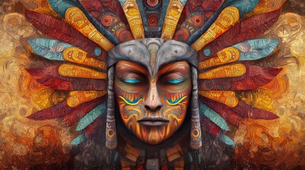 Vibrant Tribal Mask with Colorful Feathers and Intricate Patterns in Close-Up