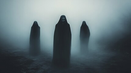 Three hooded figures shrouded in mist, eerie and mysterious.