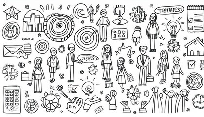 Obraz premium Doodle business team icon set. Doodle teamwork people community, office man group work concept. Target, gear, handshake element. Hand drawn sketch style perfect any project.