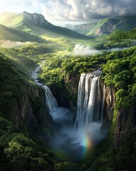 Fototapeta premium Vibrant waterfall amidst lush green mountains.