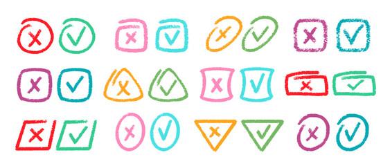 Crayon Color Check Box Vector Set. Chalk Scribble Tick Mark Shapes Collection. Colorful Hand Drawn Brush Texture Checkmark Highlight Squiggle. Pencil Emphasis Elements Charcoal Doodle Frames Bundle