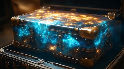 Enchanted suitcase with a cosmic glow and starry mist