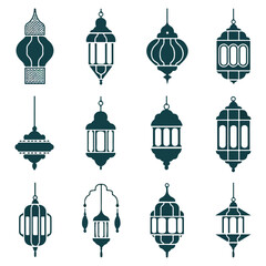 Ramadan Kareem background with hanging lamps and stars Eid Al Adha mubarak poster. Hanging colorful lantern Vintage Lamp Hand Drawing Set