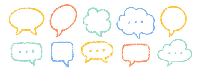 Crayon Speech Bubbles Vector Set. Chalk Scribble Talking Clouds Shapes Collection. Black Hand Drawn Brush Texture Dialogue Frames. Pencil Emphasis Elements Charcoal Doodle Talk Balloons Bundle