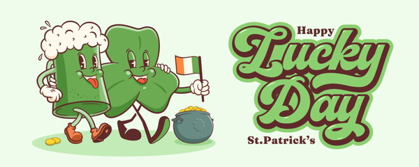 Fototapeta premium Saint Patrick Day Groovy Beer Tankard and Shamrock Retro Characters Banner. Cartoon Green Ale Mug with Clover Trefoil. Vector Irish Spring Holiday Mascot Template. Happy Vintage Illustration. Isolated