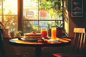 Breakfast spread featuring pancakes and juice by the window in a sunlit cafe