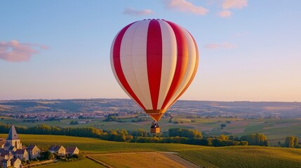 Obraz premium Colorful Hot Air Balloon Floating Over Scenic Landscape During Sunrise