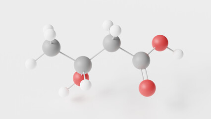 b-hydroxybutyric acid, molecule 3d, molecular structure, ball and stick model, structural chemical formula antidepressants