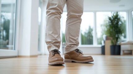 Man in light pants and brown shoes standing in modern house