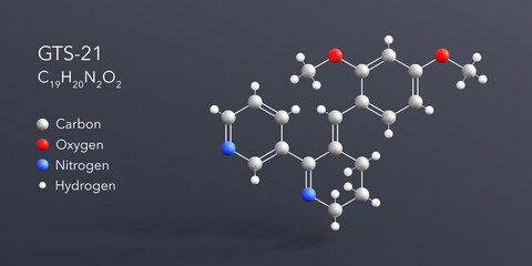 gts-21, molecule 3d rendering, flat molecular structure with chemical formula and atoms color coding