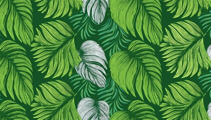 Tropical leaf seamless pattern background. Hand drawn crayon brush abstract green tropic leaves seamless pattern. Floral abstract hand drawn print background. perfect any project.