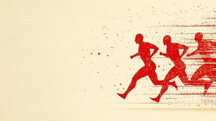 Dynamic Silhouette of Runners in Red Against a Soft Beige Background